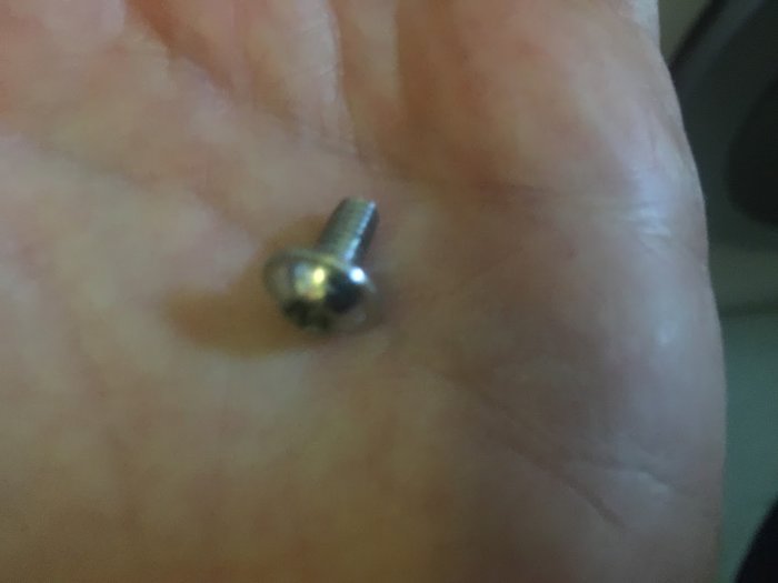 En lös metallskruv ligger i en hand, skruven är avsedd för en Bosch tvättmaskin från 2012.