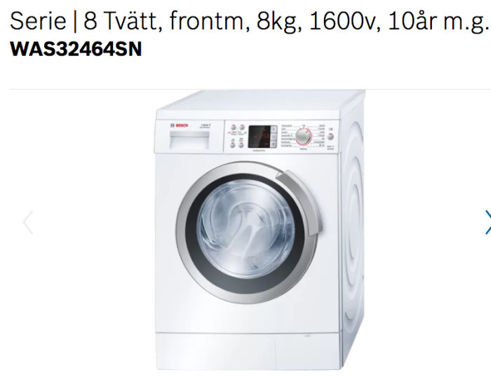 Bosch tvättmaskin, frontalvisning, modell WAS32464SN, med vit finish och reglage.