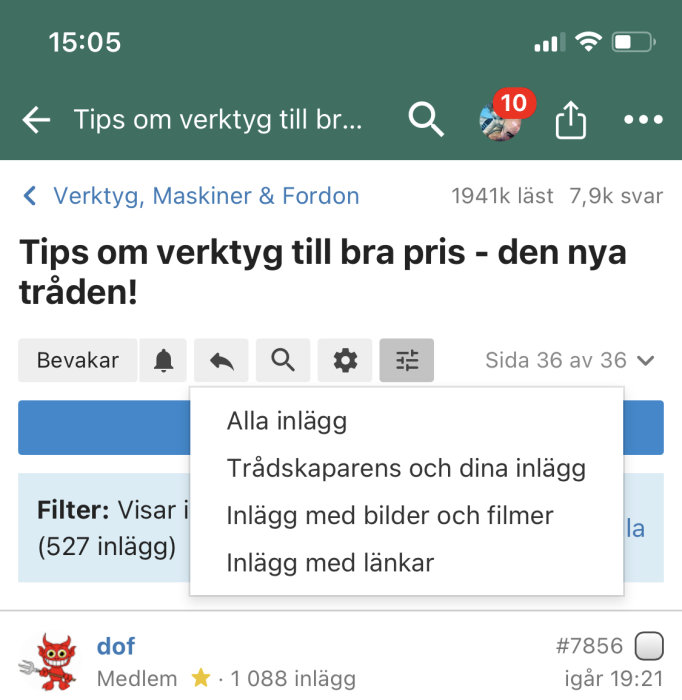 Skärmbild av ett diskussionsforums användargränssnitt med filteralternativ för inlägg.