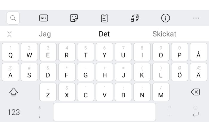 Skärmdump av ett digitalt tangentbord med tre prickar synliga i övre högra hörnet.