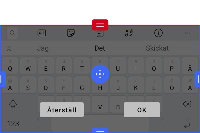 Skärmdump som visar hur man ändrar storlek på tangentbordet i en smartphone med den röda listen aktiverad.