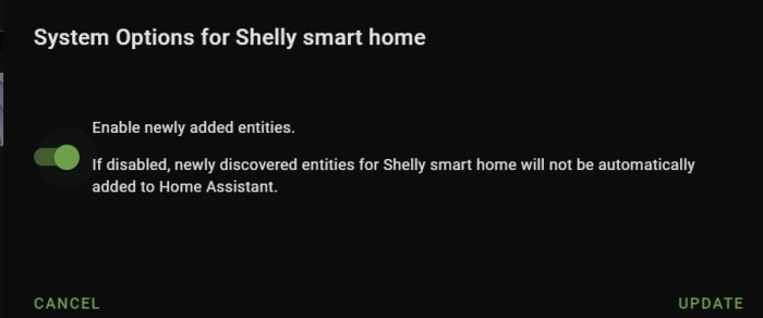 Inställningsskärm för Shelly smarta hem med alternativet "Enable newly added entities" aktiverat.