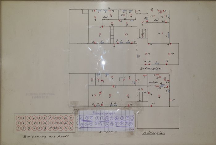 Äldre elritning för en byggnad, med markeringar av uttag och grupper, och etiketter för belysning och kraft.