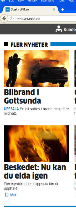 Skärmbild av nyhetsartikel om bilbrand med rubriken "Bilbrand i Gottsunda" och en bild på en brinnande bil.