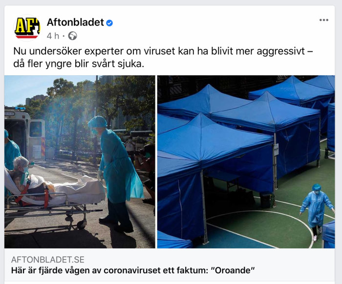 Hälsopersonal i skyddsutrustning runt patienter vid provisoriska tält för virusvård.