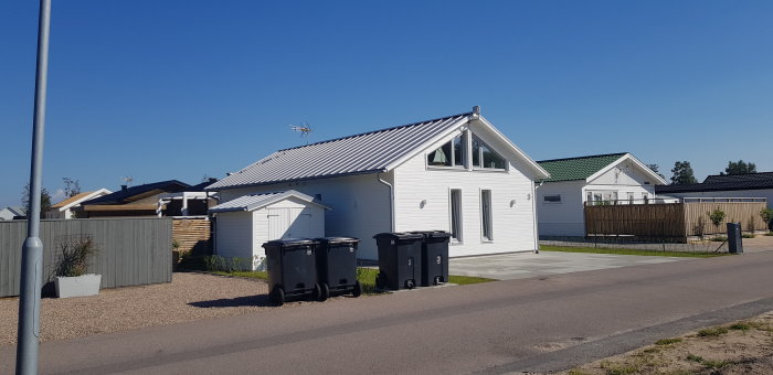 Nybyggt vitt fritidshus med attefallshus och förråd under klarblå himmel.