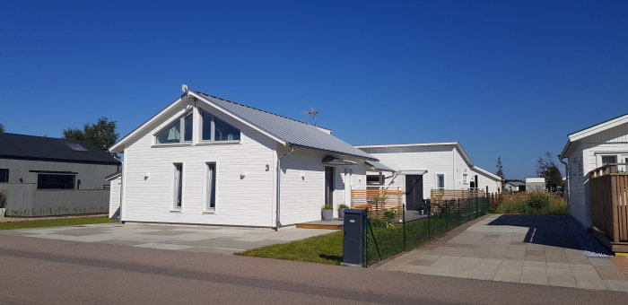 Vitt fritidshus med attefallshus och förråd i en lantlig miljö under klarblå himmel.