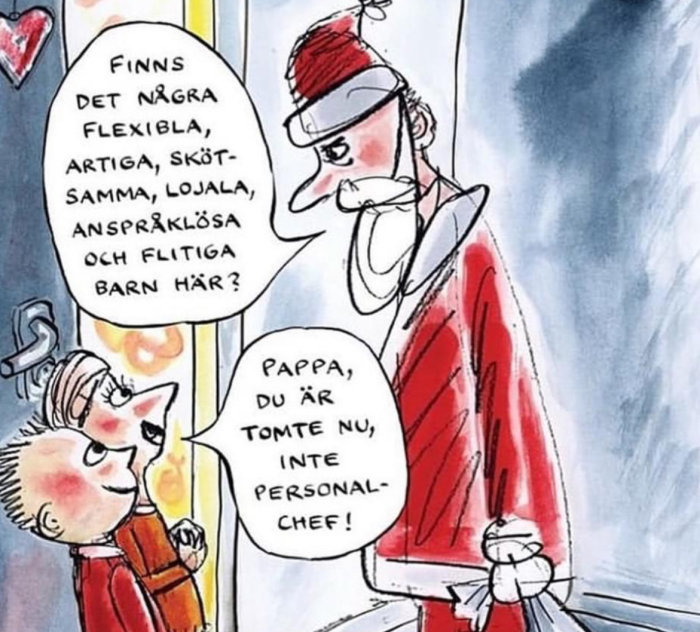 Tecknad bild av en julklappsklädd figur och ett barn som pratar, med textbubblor om att vara tomte istället för personalchef.