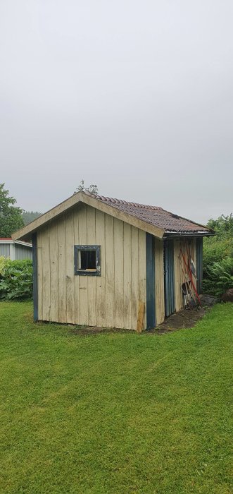 Förfallna träuthus i trädgård, slitet med tegeltak och lövverk på taket, före renovering.