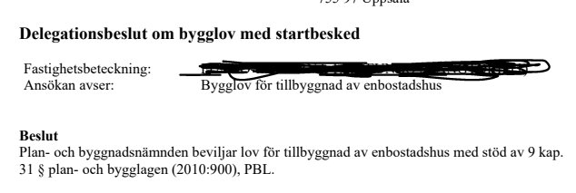 Del av ett dokument från Uppsala Kommun med titeln "Delegationsbeslut om bygglov med startbesked" för ett enbostadshus.