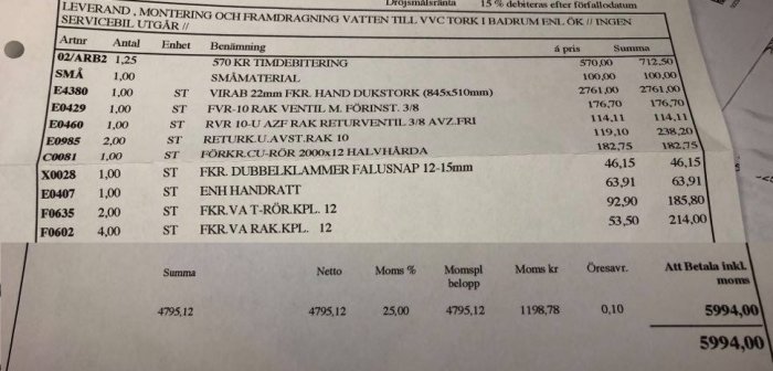 Faktura för installation av vattenburen handdukstork med detaljerade kostnader för arbete och material.