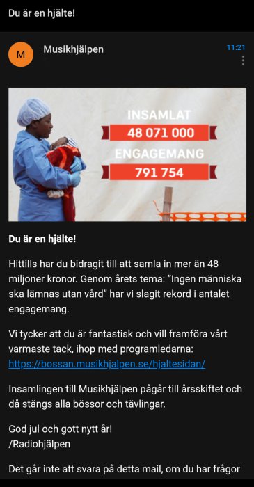 E-post från Musikhjälpen med bild på bidragsmätare som visar 48 071 000 kr insamlat och 791 754 engagemang.