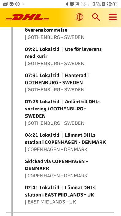 Skärmbild av DHL spårningsinformation som visar pakets resa från East Midlands i Storbritannien till Göteborg, Sverige.