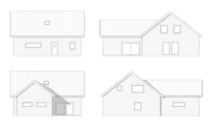 Arkitektritningar av husets alla fyra fasader med begränsat antal fönster och markeringar för förändringar.