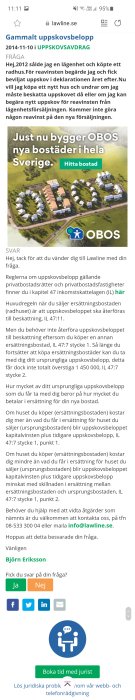 Skärmdump av forumtråd om uppskovsbelopp med text och en reklambanner för OBOS som annonserar nya bostäder.