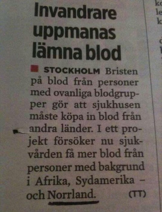 Utklipp från tidningsartikel om blodbrist och uppmaning till invandrare att donera blod.