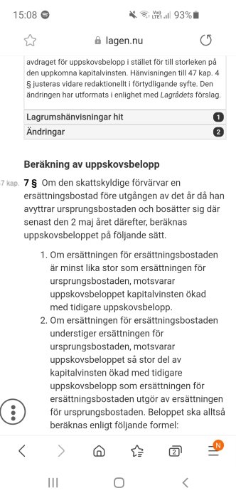 Skärmdump från lagen.nu som visar text om beräkning av uppskovsbelopp enligt svensk lag.