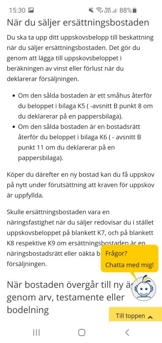 Skärmdump av en diskussionstråd om beskattning av ersättningsbostad enligt Skatteverkets regler.