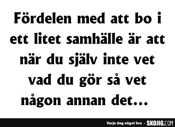 Svart text på vit bakgrund som säger: "Fördelen med att bo i ett litet samhälle är att när du själv inte vet vad du gör så vet någon annan det...