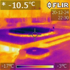 Termisk bild av en pool och omgivande område som visar hög temperatur i poolen och kallare i omgivningen.