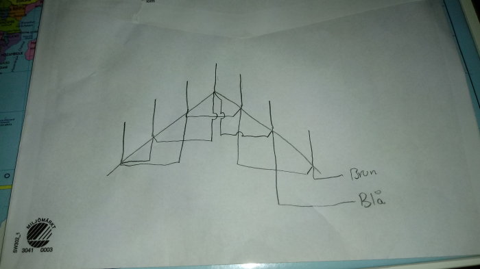 Handritad skiss av elinstallation med anteckningarna "Brun" och "Blå".