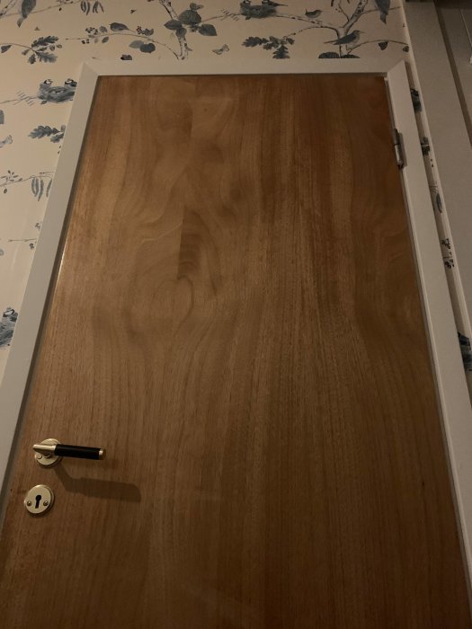 En lackad glasdörr med kulör och synliga trädetaljer, omgiven av väggar utan lister.