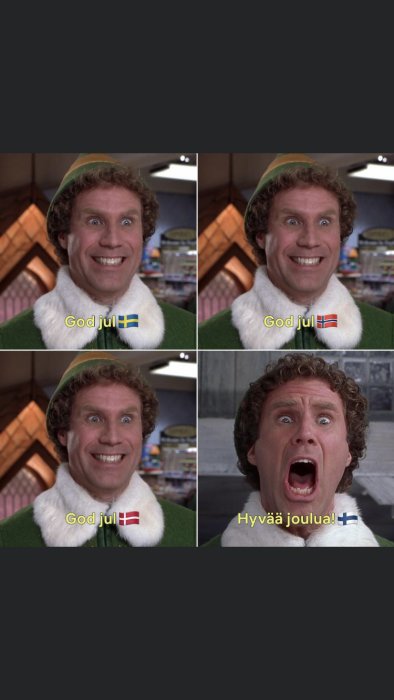 Kollage av fyra bilder med elf karaktär som ler stort och säger "God jul" på olika språk.