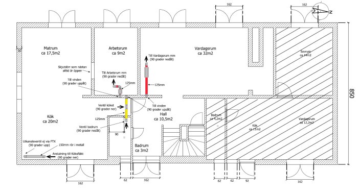 Arkitektritning av husets layout med angivna ytor för matrum, arbetsrum, kök, hall, badrum och sovrum.