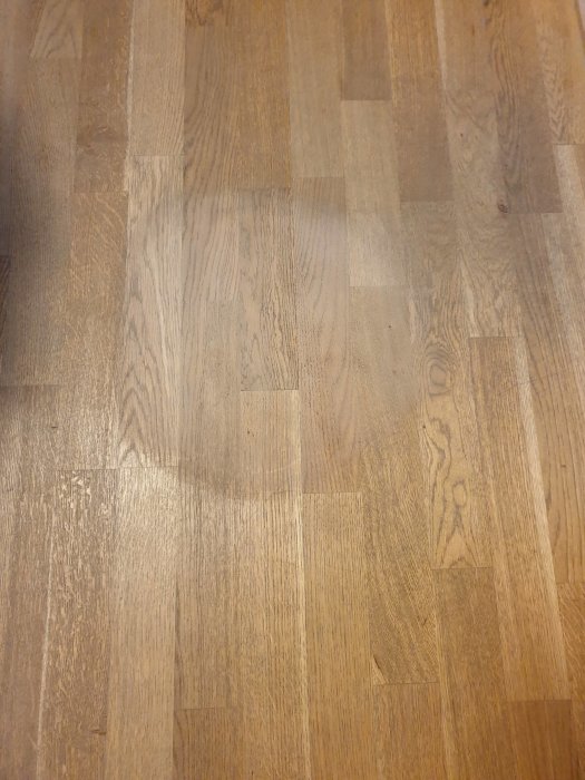 Trägolv med stor matt fläck efter borttagning av mindre fläck med scotchbrite.