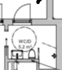 Ritning av en toalett med två dörrar och beteckningen "WC 6.2 m²".