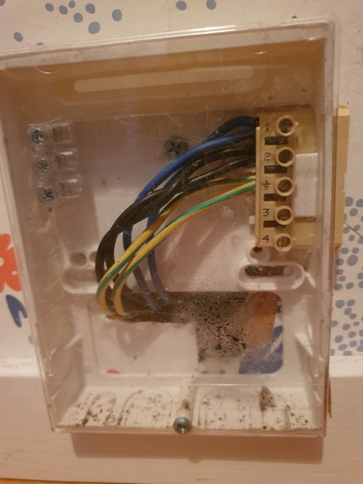 Ett öppet eluttag med exponerade trådar och terminaler där blå och brunsvart kabel syns, tecken på felaktig mätning.
