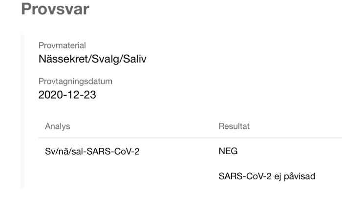 Ett dokument som visar ett negativt provsvar för SARS-CoV-2, taget den 2020-12-23.