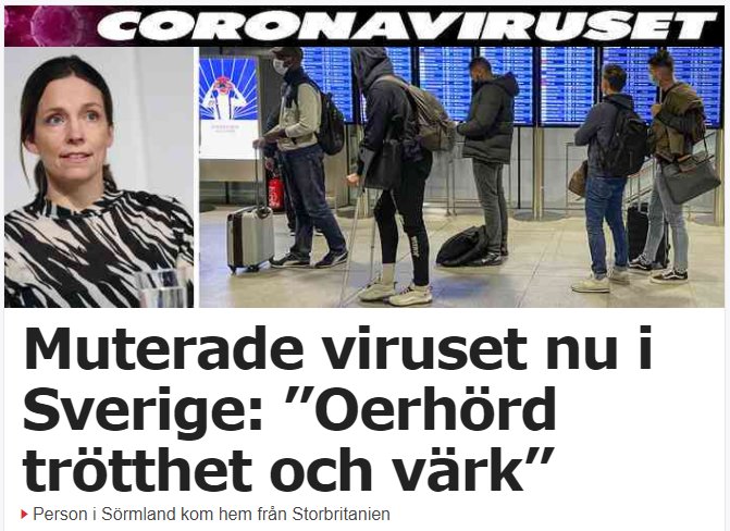 Personer i kö på flygplats under rubriken om muterat coronavirus i Sverige.