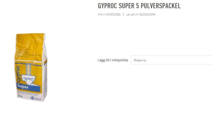 Förpackning av Gyproc Super 5 Pulverspackel på 3 kg.