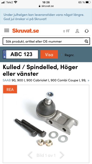 Kulled/Spindelled för olika SAAB-modeller visas med två bultar, muttrar och brickor på Skruvat.se.