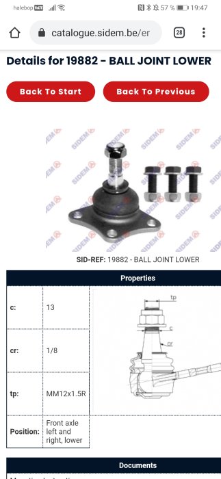 Undre kulkoppling (ball joint) för Alfa Romeo 164 med tekniska specifikationer.