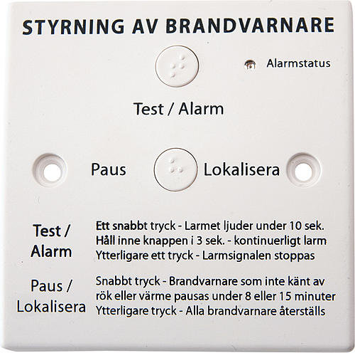 Styrpanel för brandvarnare med knappar för Test/Alarm, Paus och Lokalisera samt instruktioner för användning.