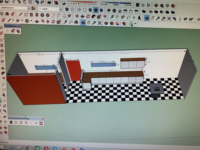 3D-modell av en ombyggd container använd som tillfällig verkstad med möbler och måttangivelser.