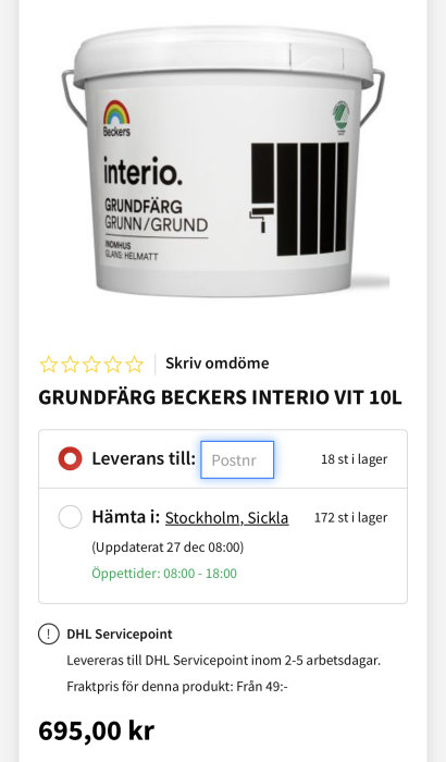 Hink med Becker's interio vit grundfärg 10L och produktinformation.