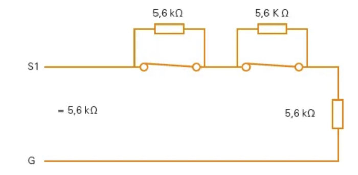 Elektriskt kopplingsschema som visar motstånd och switchar märkta med 5,6 kΩ.