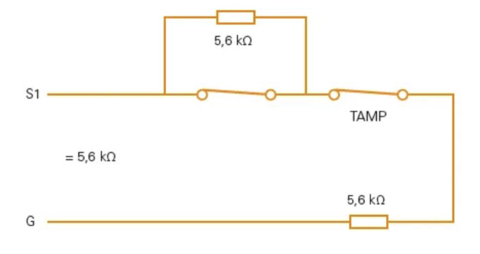 Elektriskt kopplingsschema som visar 5,6 kΩ motstånd och terminaler märkta 'S1', 'TAMP' och 'G'.