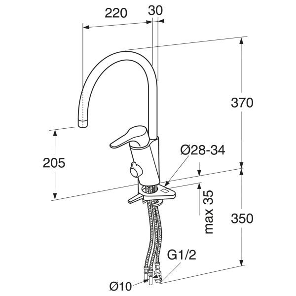 Teknisk ritning av Gustavsberg köksblandare med måttangivelser.