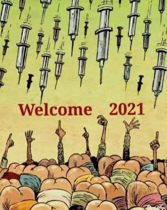 Illustration av en folkmassa med utsträckta händer och fallande sprutor ovanför, med texten "Welcome 2021".