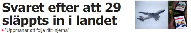 Flygplan i luften med rubriken "Svaret efter att 29 släppts in i landet