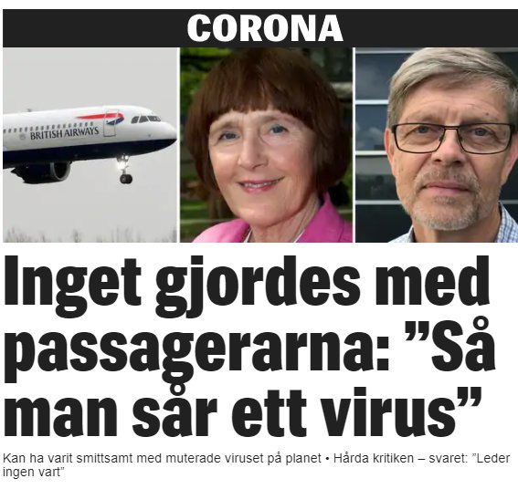 Flygplan i luften med British Airways-logotyp och två personers porträtt med text om virusoron.