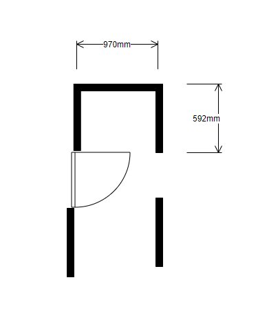 Enkel ritning av en planerad garderobsyta med specificerade mått (970mm x 592mm).