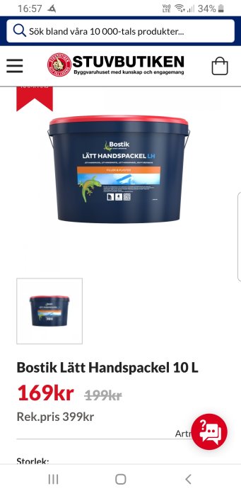 Hink med Bostik Lätt Handspackel LH 10 liter på rea för 169 kr, nedsatt från 199 kr med rekommenderat pris på 399 kr.