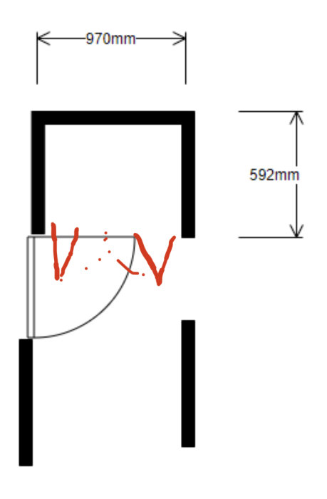 Schematisk illustration av en öppen vikdörr med måttangivelser i en dörröppning.