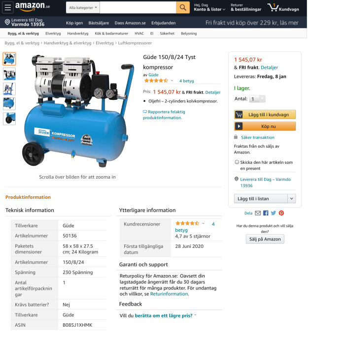 Blå Guide 150/8/24 tyst kompressor med två cylindrar visad på Amazon webbsida, med specifikationer och pris.