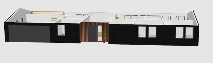 3D-modell av husdesign med ribbpanel vid entrén och ett planlösningsschema.